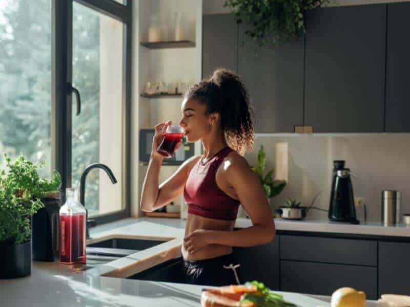Sportlerin trinkt Rote-Bete-Saft vor einem Workout