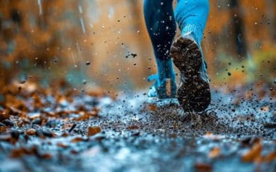 Läufer mit Crossschuhen auf einem matschigen Waldweg